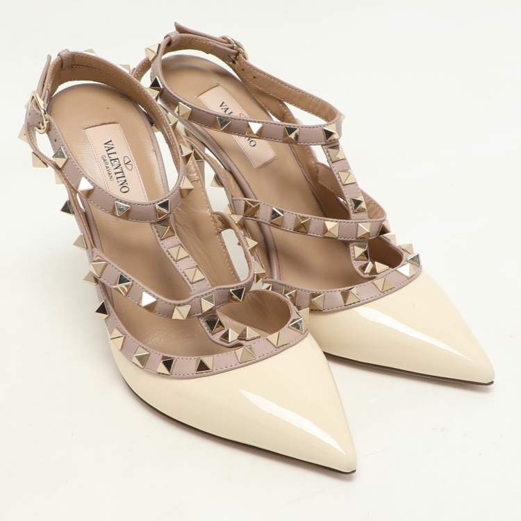 Pre Owned Valentino Cream/Beige Patent and Leather Rockstud Ankle Strap Pumps Size 37