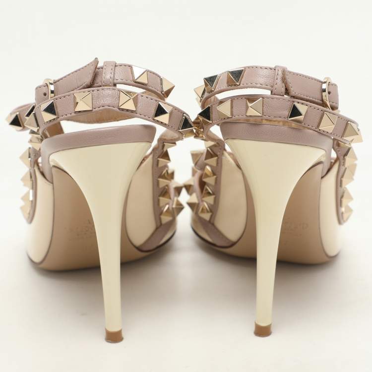 Pre Owned Valentino Cream/Beige Patent and Leather Rockstud Ankle Strap Pumps Size 37