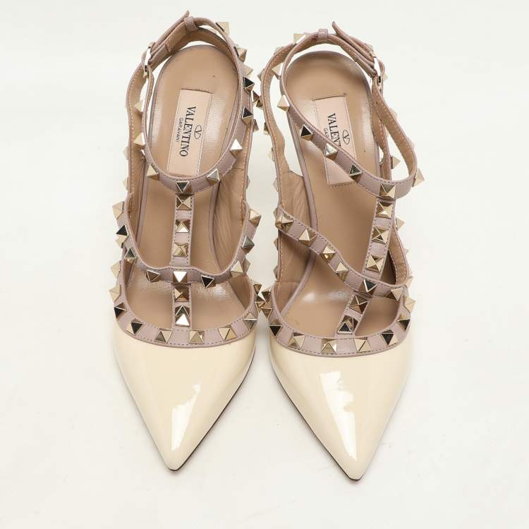 Pre Owned Valentino Cream/Beige Patent and Leather Rockstud Ankle Strap Pumps Size 37