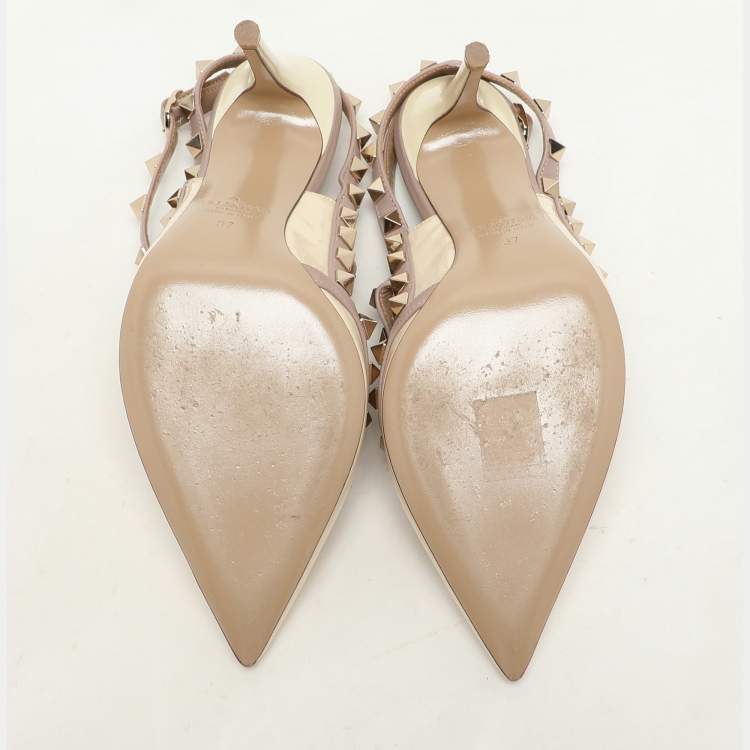 Pre Owned Valentino Cream/Beige Patent and Leather Rockstud Ankle Strap Pumps Size 37