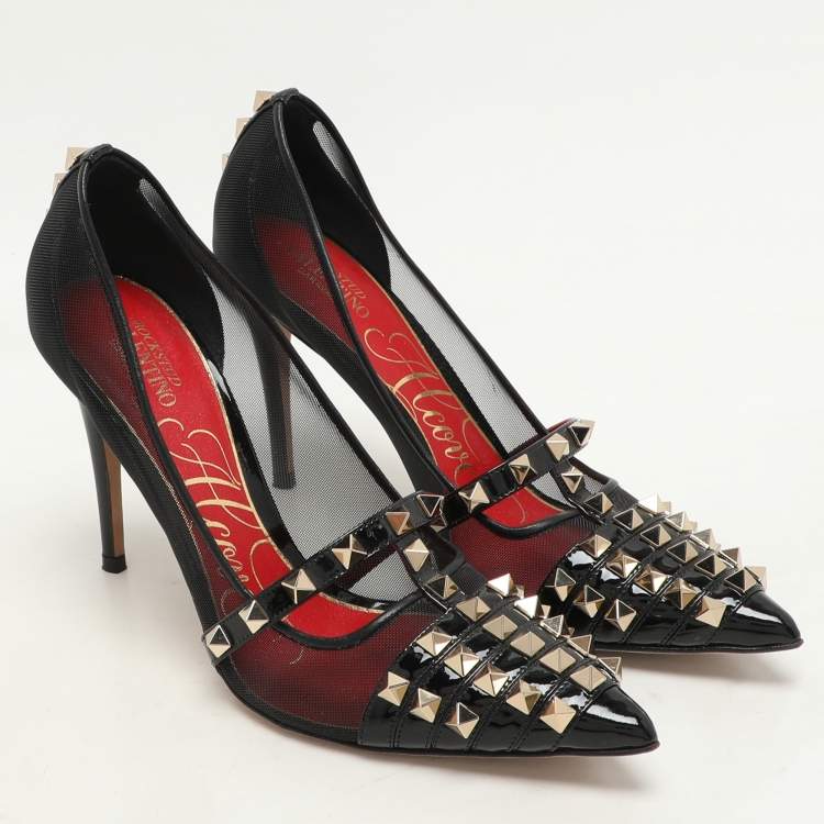 Pre Owned Valentino Black Patent Leather and Mesh Rockstud Alcove Pumps Size 36.5