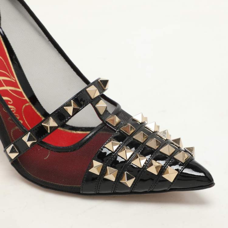 Pre Owned Valentino Black Patent Leather and Mesh Rockstud Alcove Pumps Size 36.5