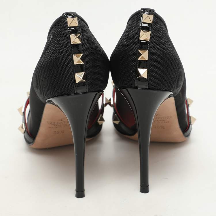 Pre Owned Valentino Black Patent Leather and Mesh Rockstud Alcove Pumps Size 36.5