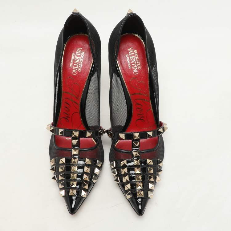Pre Owned Valentino Black Patent Leather and Mesh Rockstud Alcove Pumps Size 36.5