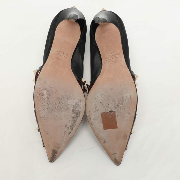 Pre Owned Valentino Black Patent Leather and Mesh Rockstud Alcove Pumps Size 36.5