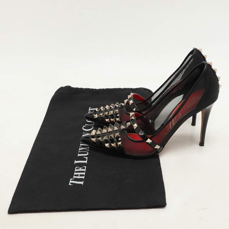 Pre Owned Valentino Black Patent Leather and Mesh Rockstud Alcove Pumps Size 36.5
