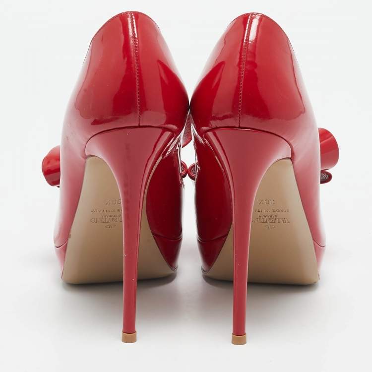 Pre Owned Valentino Red Patent Leather Bow Peep Toe Pumps Size 38.5