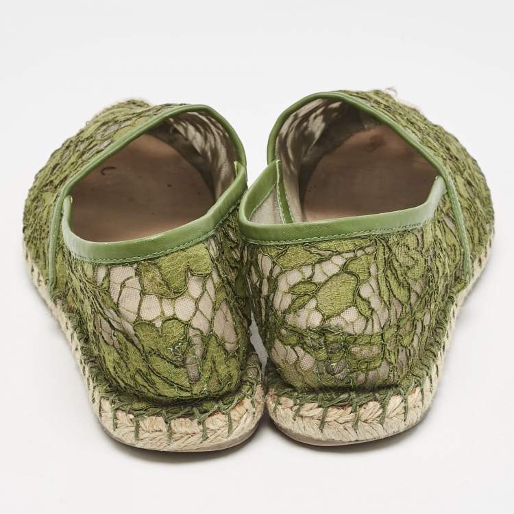 Pre Owned Valentino Green Floral Lace and Mesh Espadrille Flats Size 38
