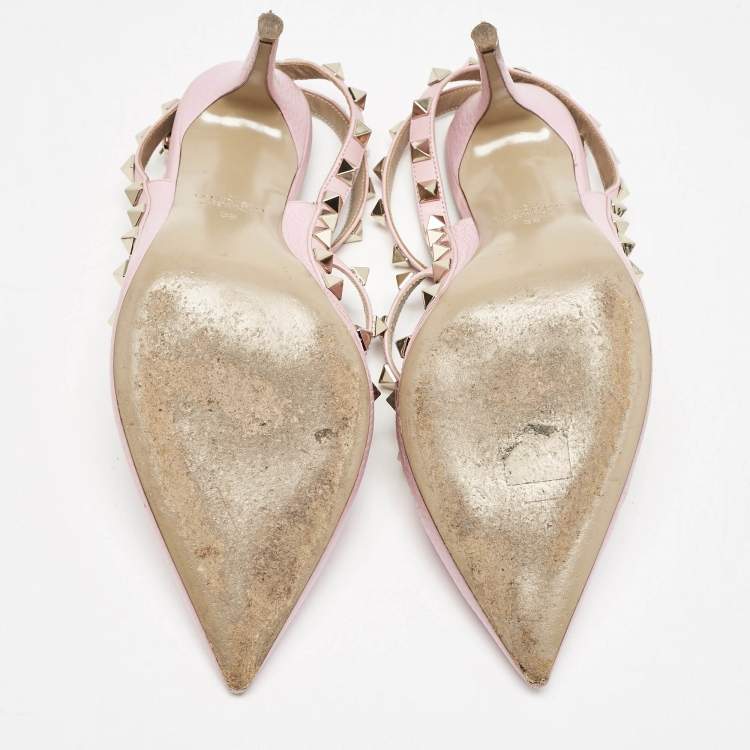 Pre Owned Valentino  Pink Leather Rockstud Caged Pumps Size 38