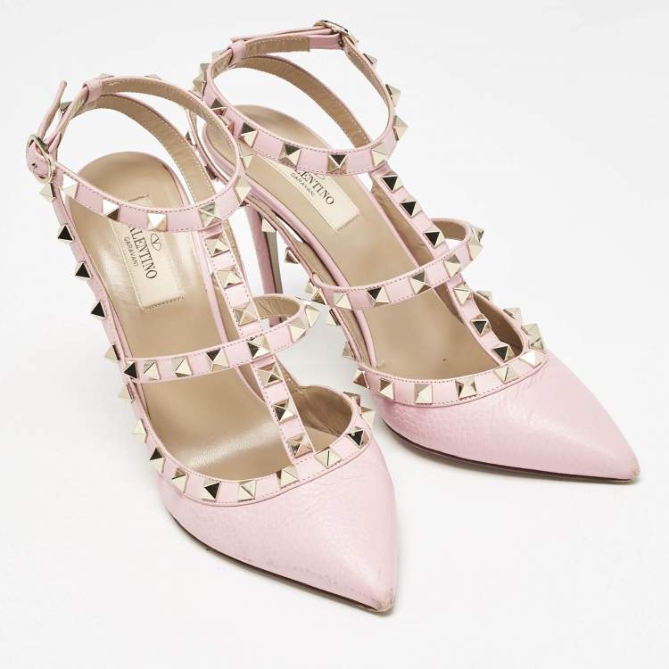 Pre Owned Valentino  Pink Leather Rockstud Caged Pumps Size 38