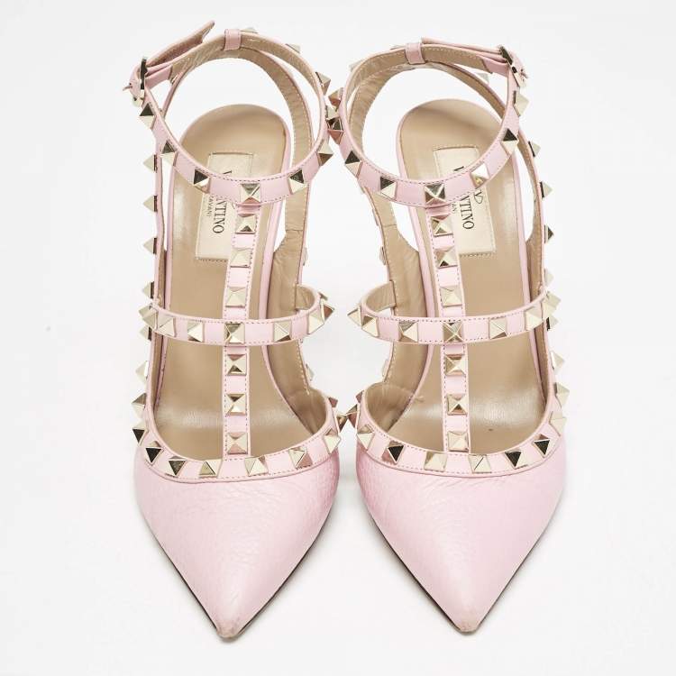 Pre Owned Valentino  Pink Leather Rockstud Caged Pumps Size 38