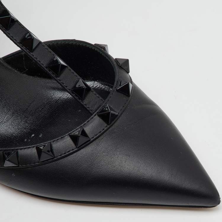 Pre Owned Valentino Black Leather Rockstud Caged Ankle Strap Pumps Size 37