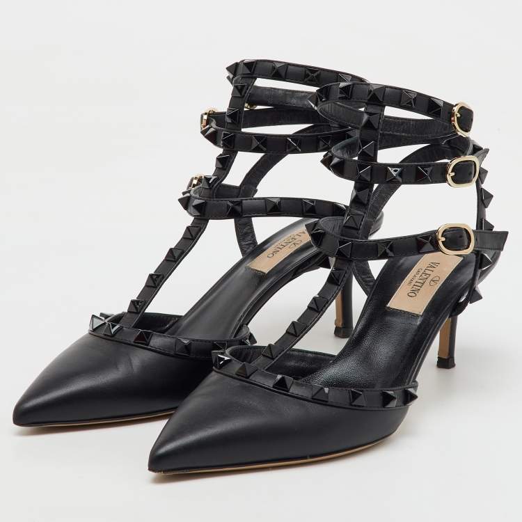 Pre Owned Valentino Black Leather Rockstud Caged Ankle Strap Pumps Size 37