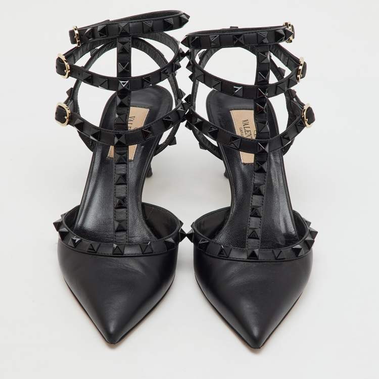 Pre Owned Valentino Black Leather Rockstud Caged Ankle Strap Pumps Size 37