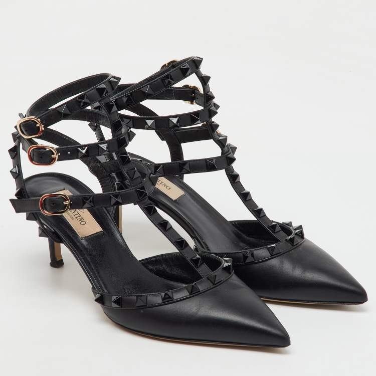 Pre Owned Valentino Black Leather Rockstud Caged Ankle Strap Pumps Size 37