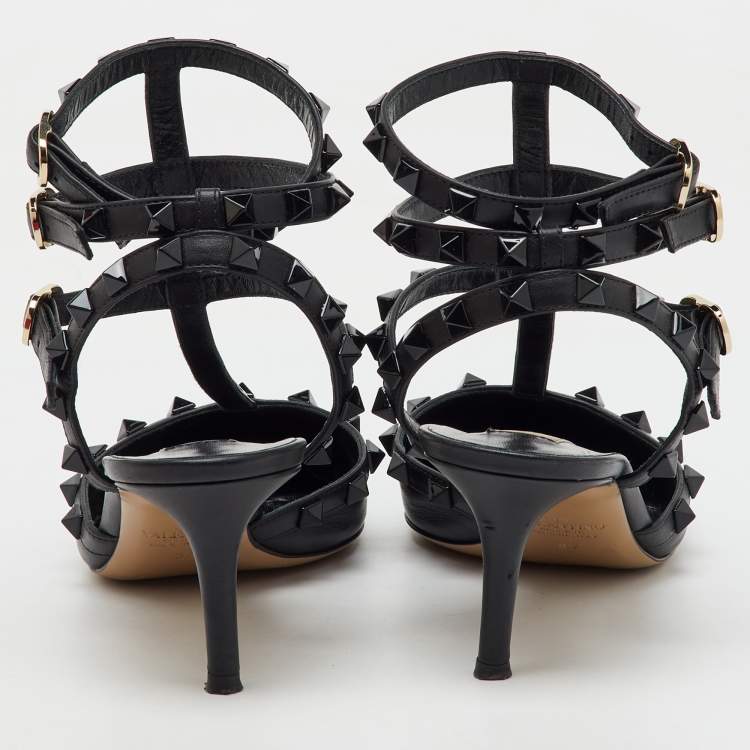 Pre Owned Valentino Black Leather Rockstud Caged Ankle Strap Pumps Size 37