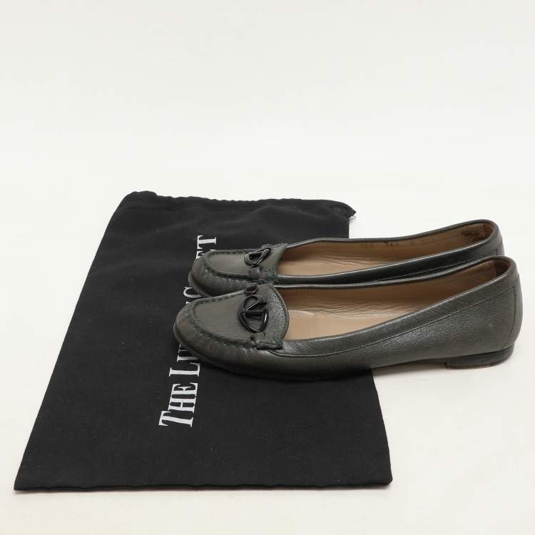 Pre Owned Valentino Green Leather Vlogo Loafers Size 37.5