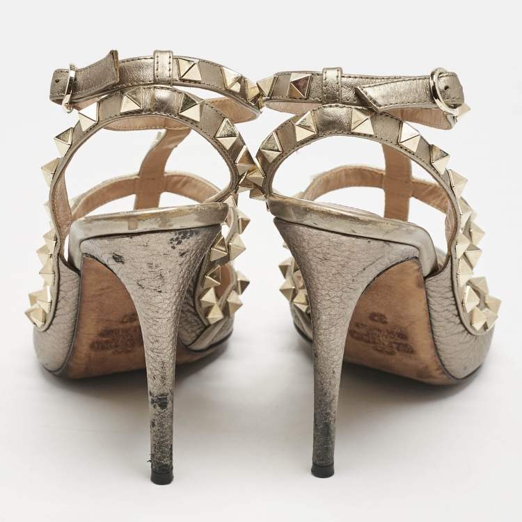 Pre Owned Valentino Metallic Grey Leather Rockstud Caged Ankle Strap Pumps Size 37