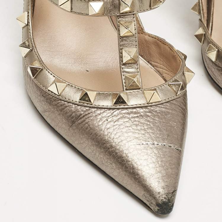 Pre Owned Valentino Metallic Grey Leather Rockstud Caged Ankle Strap Pumps Size 37