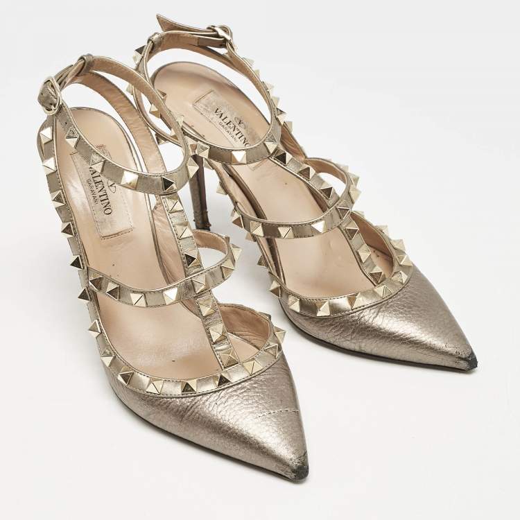 Pre Owned Valentino Metallic Grey Leather Rockstud Caged Ankle Strap Pumps Size 37