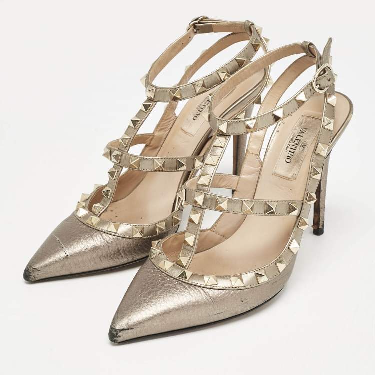 Pre Owned Valentino Metallic Grey Leather Rockstud Caged Ankle Strap Pumps Size 37