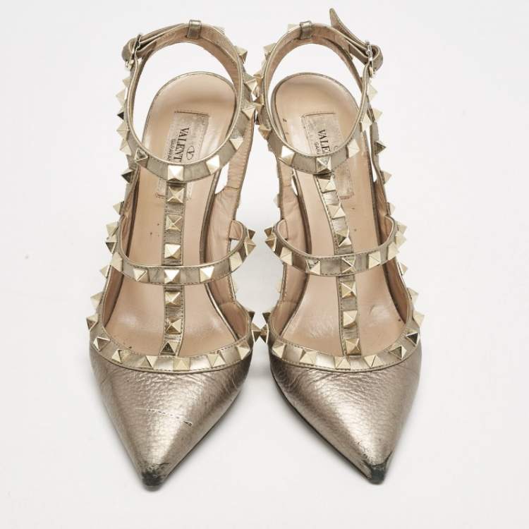 Pre Owned Valentino Metallic Grey Leather Rockstud Caged Ankle Strap Pumps Size 37