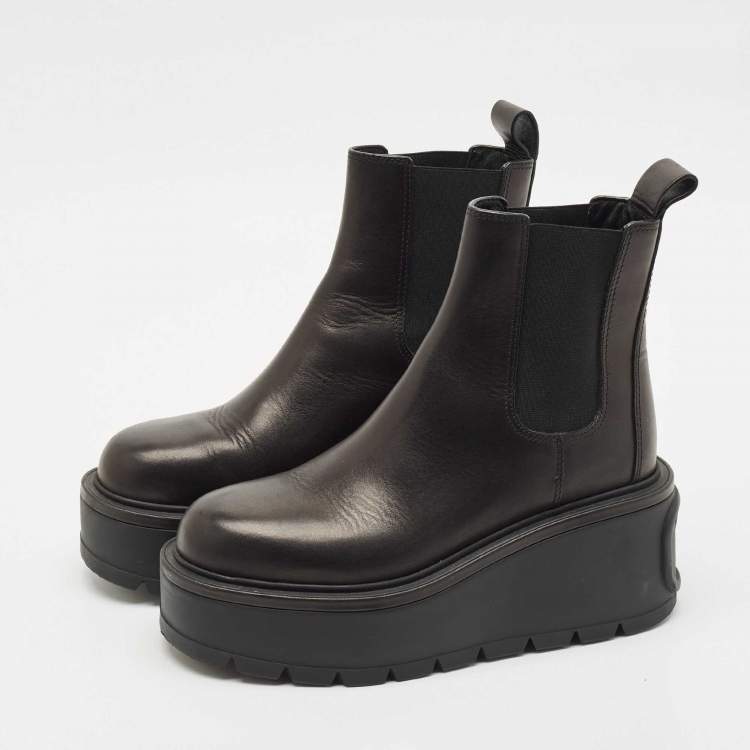 Pre Owned Valentino Black Leather Uniqueform Platform Ankle Length Boots Size 38.5