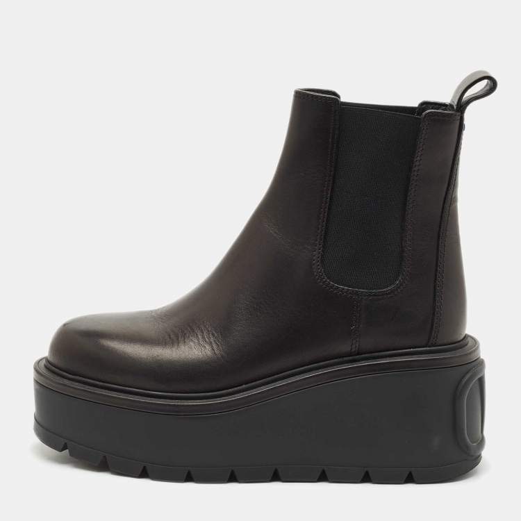 Pre Owned Valentino Black Leather Uniqueform Platform Ankle Length Boots Size 38.5