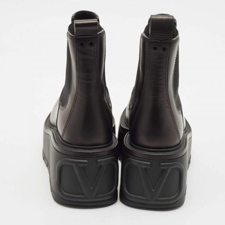 Pre Owned Valentino Black Leather Uniqueform Platform Ankle Length Boots Size 38.5