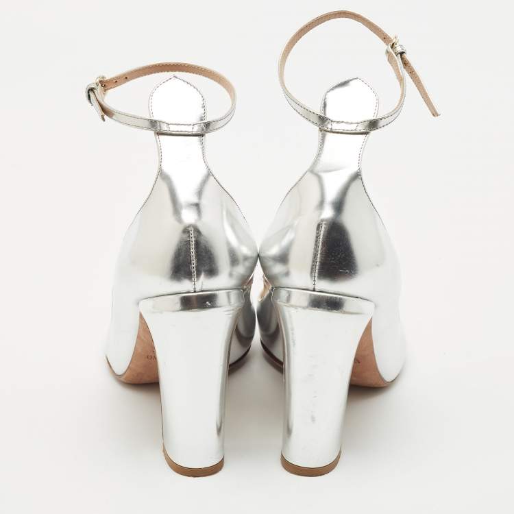 Pre Owned Valentino Silver Leather Tango Ankle Strap Block Heel Pumps Size 40