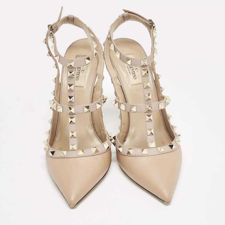 مملوكة مسبقًا Valentino Beige Leather Rockstud Caged Ankle Strap Pumps Size 40.5