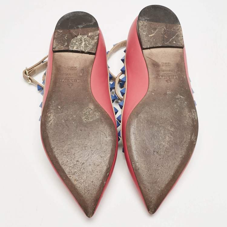 Pre Owned Valentino Pink/Beige Leather Rockstud Cage Ballet Flats Size 36.5