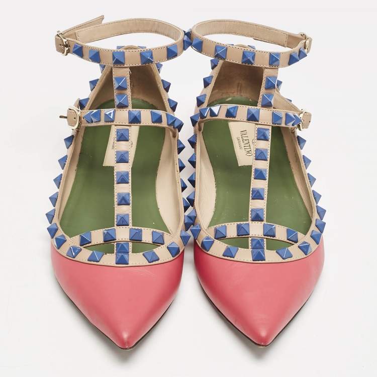 Pre Owned Valentino Pink/Beige Leather Rockstud Cage Ballet Flats Size 36.5