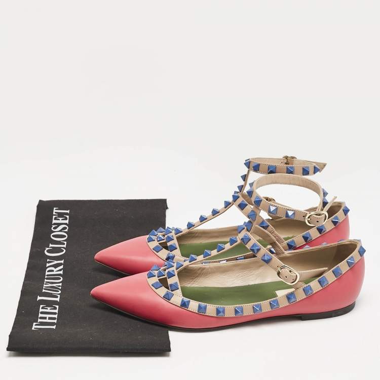 Pre Owned Valentino Pink/Beige Leather Rockstud Cage Ballet Flats Size 36.5