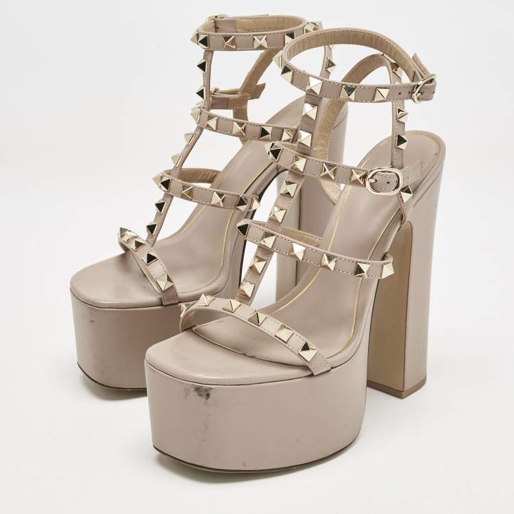 Pre Owned Valentino Dusty Pink Leather Rockstud Ankle Strap Block Heel Platform Sandals Size 36.5