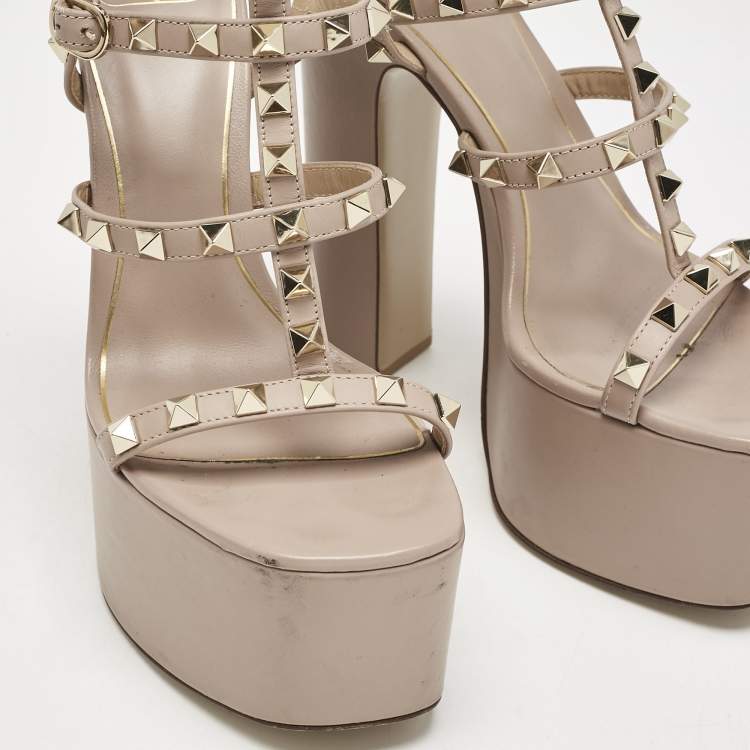 Pre Owned Valentino Dusty Pink Leather Rockstud Ankle Strap Block Heel Platform Sandals Size 36.5