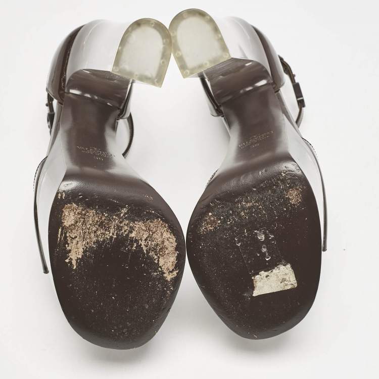 Pre Owned Valentino Dark Brown Patent Leather and Vinyl Tan-Go Platform Ankle Strap Sandals Size 36