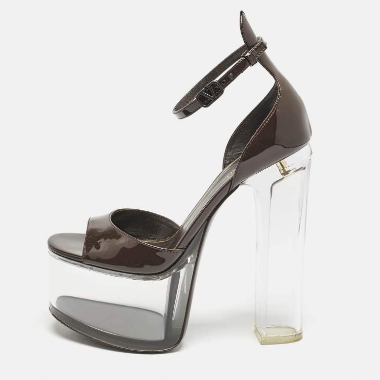 Pre Owned Valentino Dark Brown Patent Leather and Vinyl Tan-Go Platform Ankle Strap Sandals Size 36