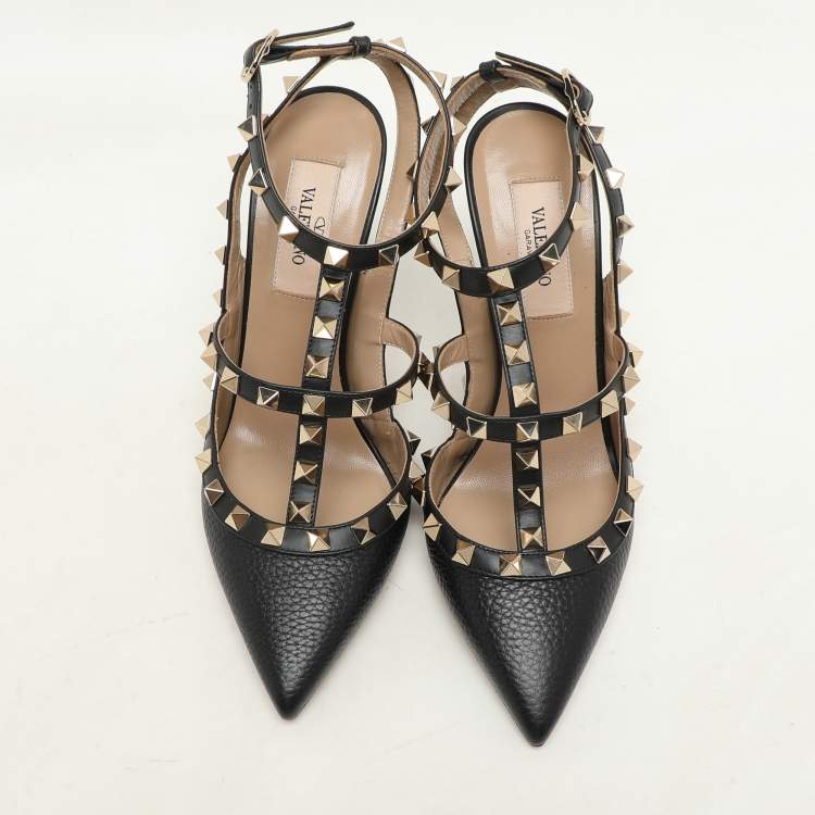 Pre Owned Valentino Black Leather Rockstud Caged Pumps Size 36