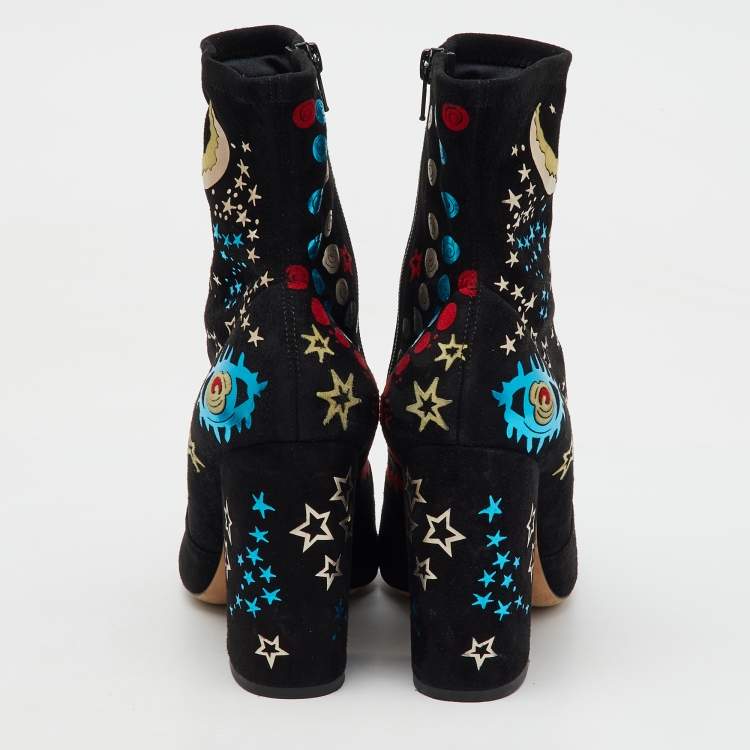 Pre Owned Valentino Black Suede Astro Couture Block Heel Ankle Length Boots Size 39
