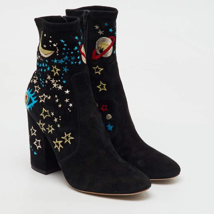Pre Owned Valentino Black Suede Astro Couture Block Heel Ankle Length Boots Size 39