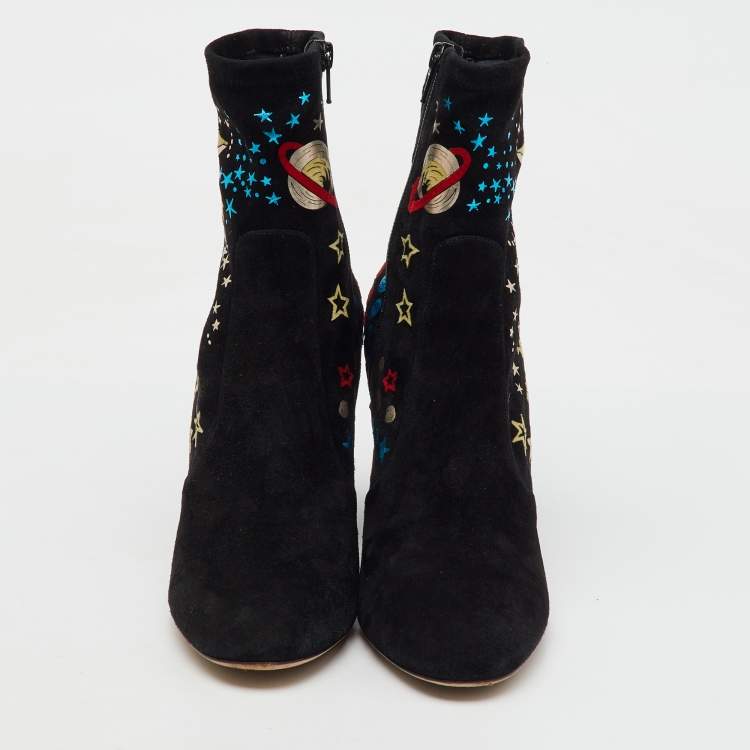Pre Owned Valentino Black Suede Astro Couture Block Heel Ankle Length Boots Size 39