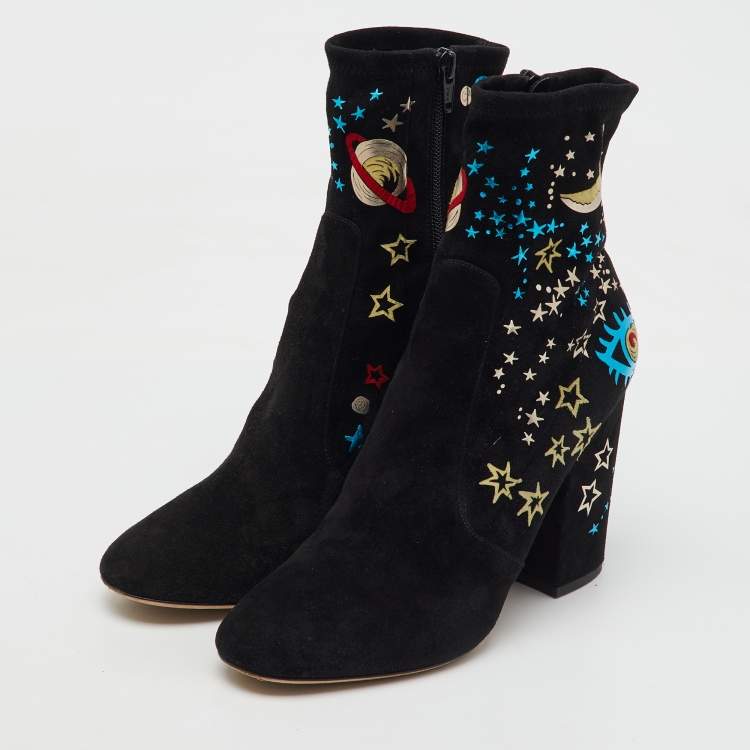 Pre Owned Valentino Black Suede Astro Couture Block Heel Ankle Length Boots Size 39