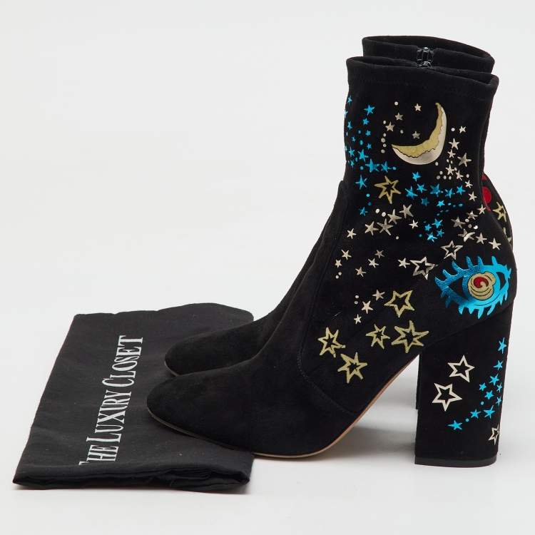 Pre Owned Valentino Black Suede Astro Couture Block Heel Ankle Length Boots Size 39