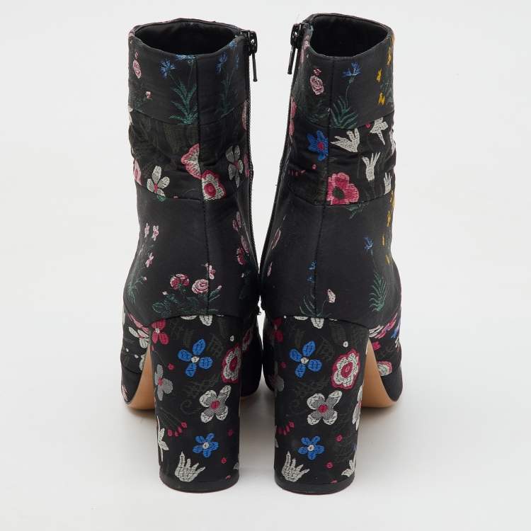 Pre Owned Valentino Black Fabric Floral Print Block Heel Ankle Length Boots Size 40