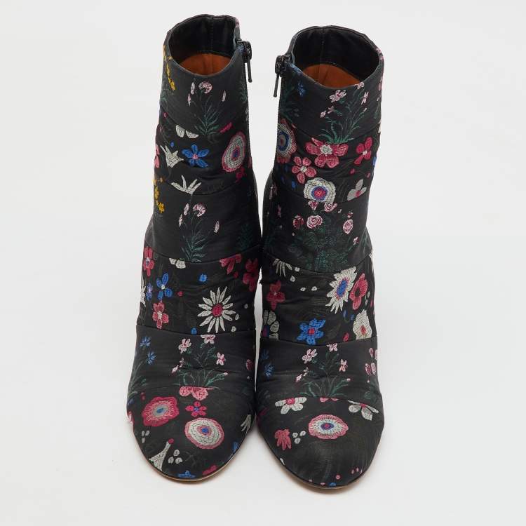 Pre Owned Valentino Black Fabric Floral Print Block Heel Ankle Length Boots Size 40
