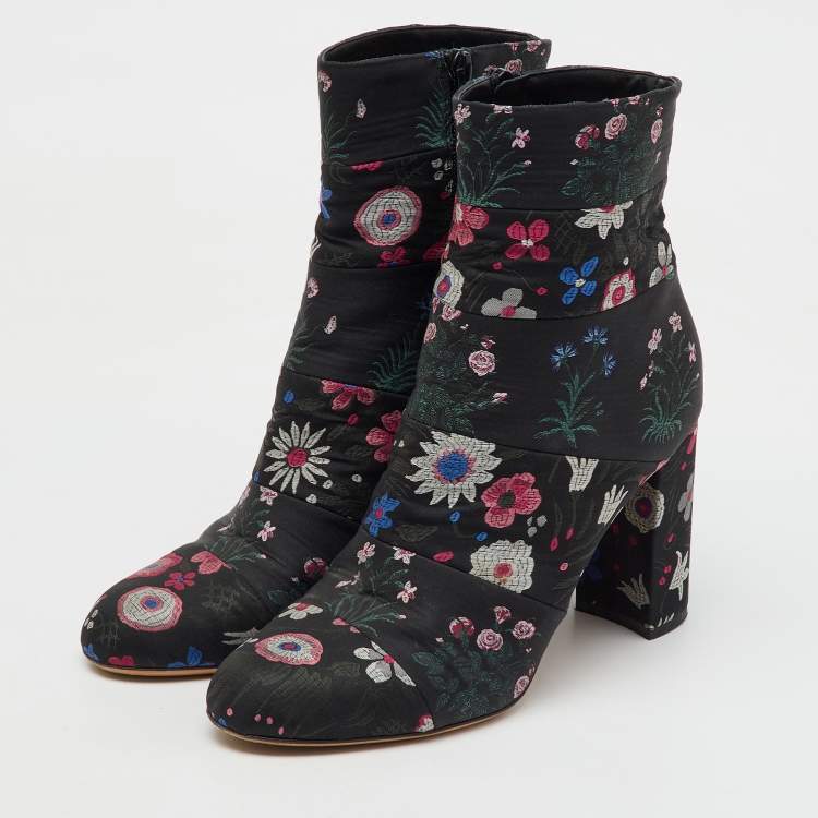 Pre Owned Valentino Black Fabric Floral Print Block Heel Ankle Length Boots Size 40