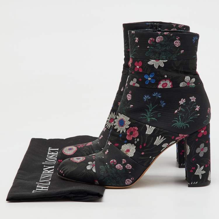 Pre Owned Valentino Black Fabric Floral Print Block Heel Ankle Length Boots Size 40