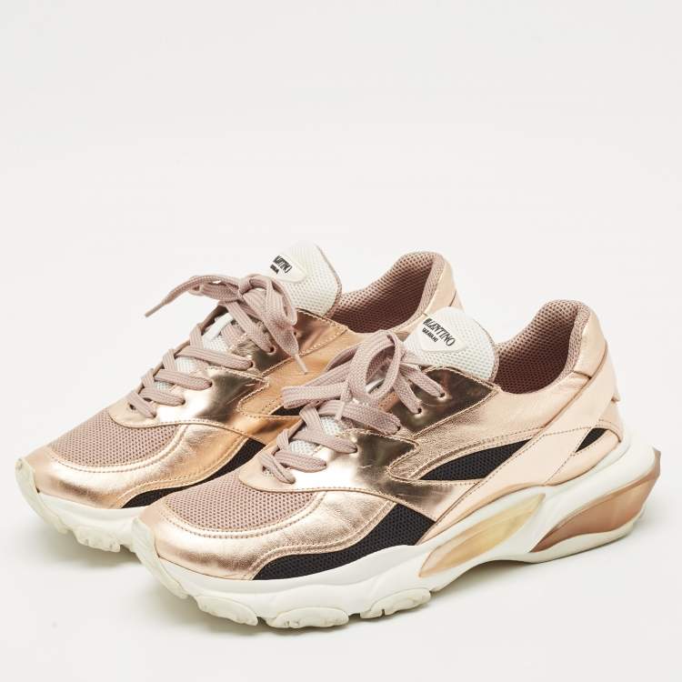Pre Owned Valentino Rose Gold Leather and Mesh Bounce Sneakers Size 40