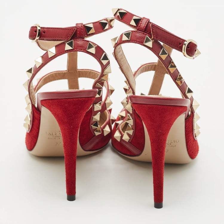 Pre Owned Valentino Red Suede Rockstud Ankle Strap Pumps Size 37
